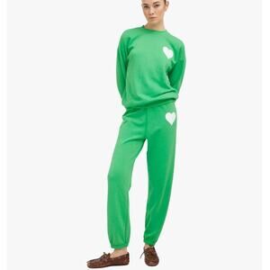 SPRWMN Heart Sweatsuit Set Women's Size XS Bright Green Cotton Fleece